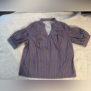 Women’s striped blouse short puff sleeve v-neck size large